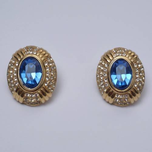 Vintage Oscar de la Renta style earrings, signed, gold gilt & crystals, 1980`s ca, American